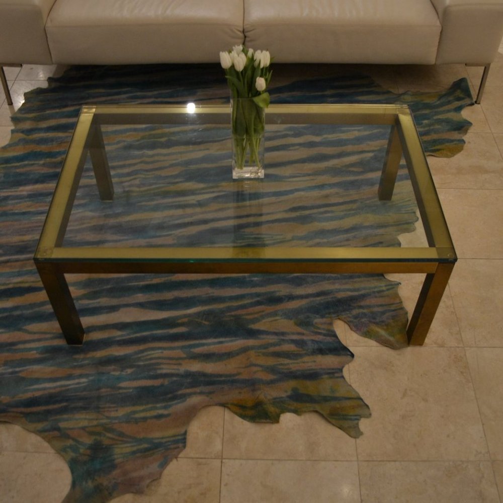 Cowhide Leather Rug Blue beige White Striped dyed - Picture 3 of 5